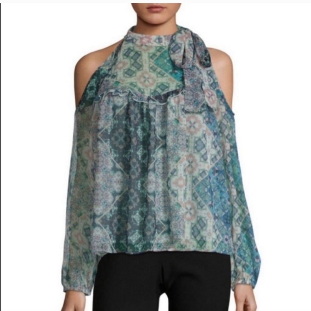 LIBBY EDELMAN Women's boho multi print long-sleeve semi-sheer top sz XS